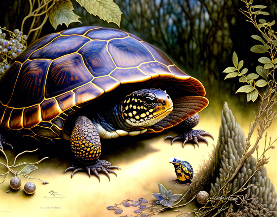 Detailed Tortoise and Butterfly Illustration in Natural Setting