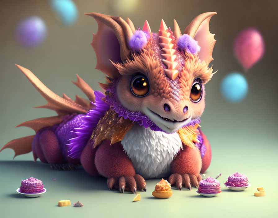 Stylized dragon with large eyes and orange spikes in colorful scene
