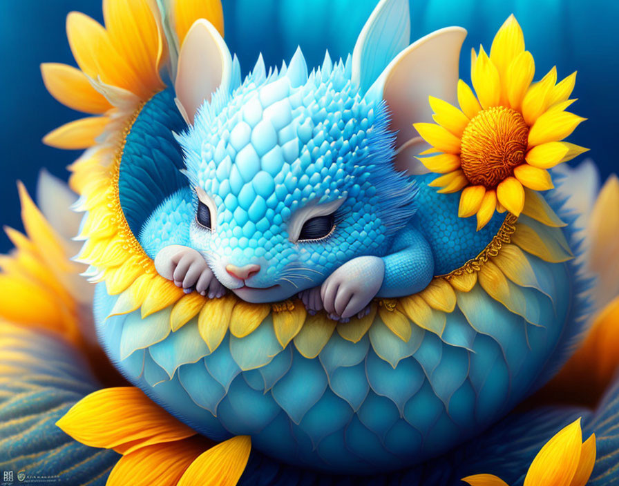  Cute light blue dragon sleeping in a sunflower