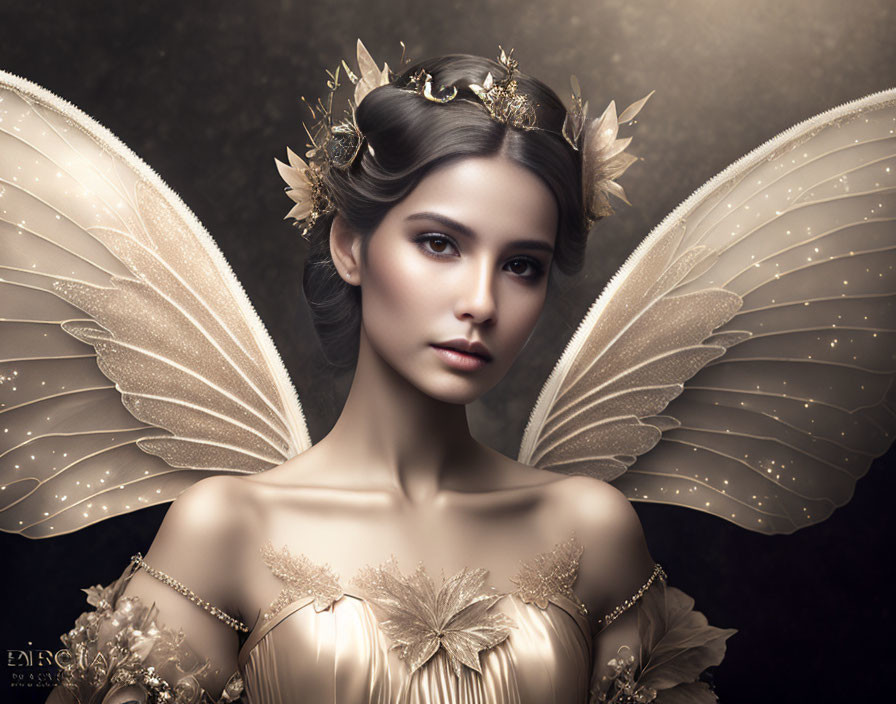 Portrait of woman styled as mythical fairy with translucent wings and golden accessories