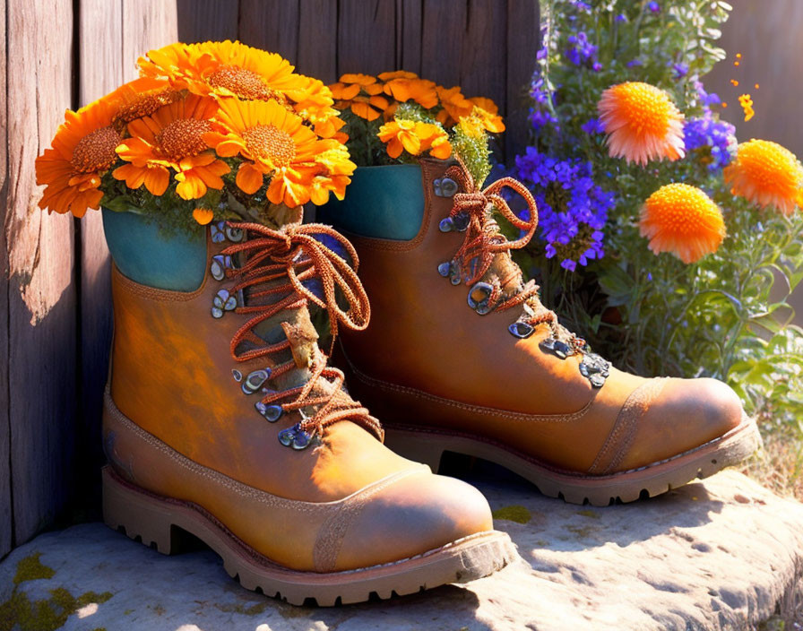 Brown Leather Boots Filled with Orange Gerbera Daisies