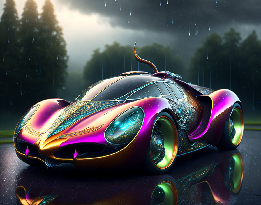 Futuristic car with vibrant colors on wet road under rainy sky