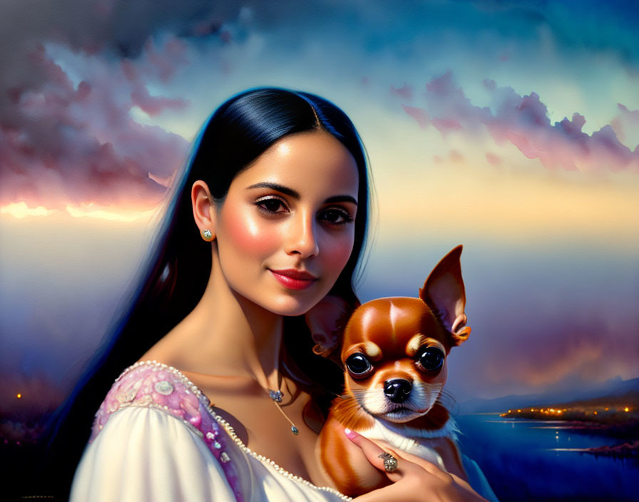 Dark-haired woman holding Chihuahua against dramatic landscape