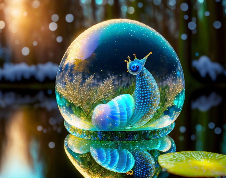Colorful snail in glass sphere with trees, shimmering lights