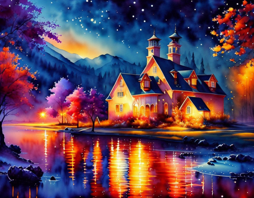 Colorful Twilight Scene: Large House by Lakeside with Autumn Trees