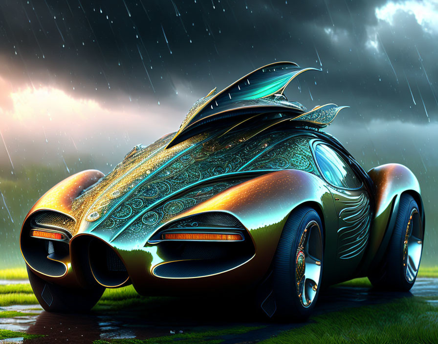 Intricate futuristic concept car under moody rainy sky