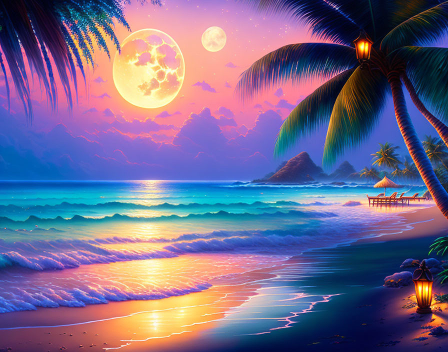 Twilight tropical beach scene with purple sky, full moon, palm trees, and sparkling ocean