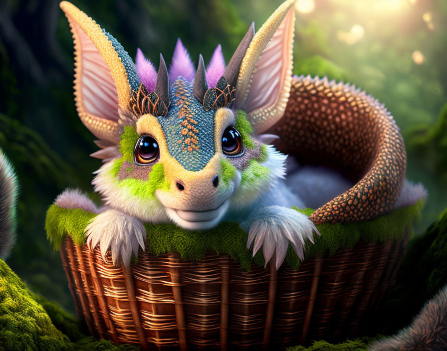 Colorful dragon-like creature in wicker basket surrounded by greenery