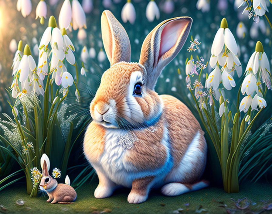 Illustration of large rabbit and small bunny in white flower field with green backdrop