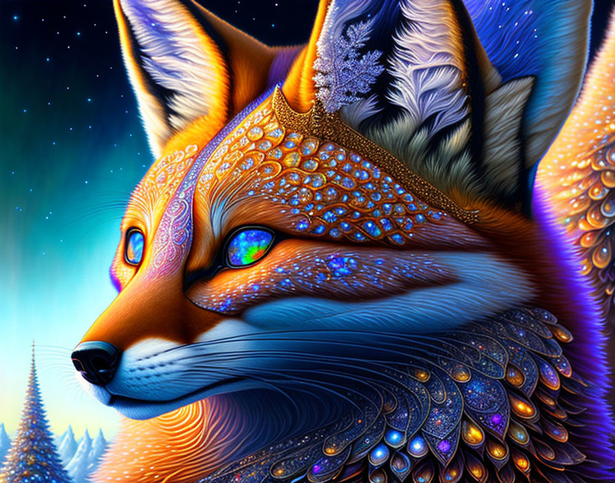 Colorful Stylized Fox Artwork with Blue Eyes in Night Sky & Snowy Landscape