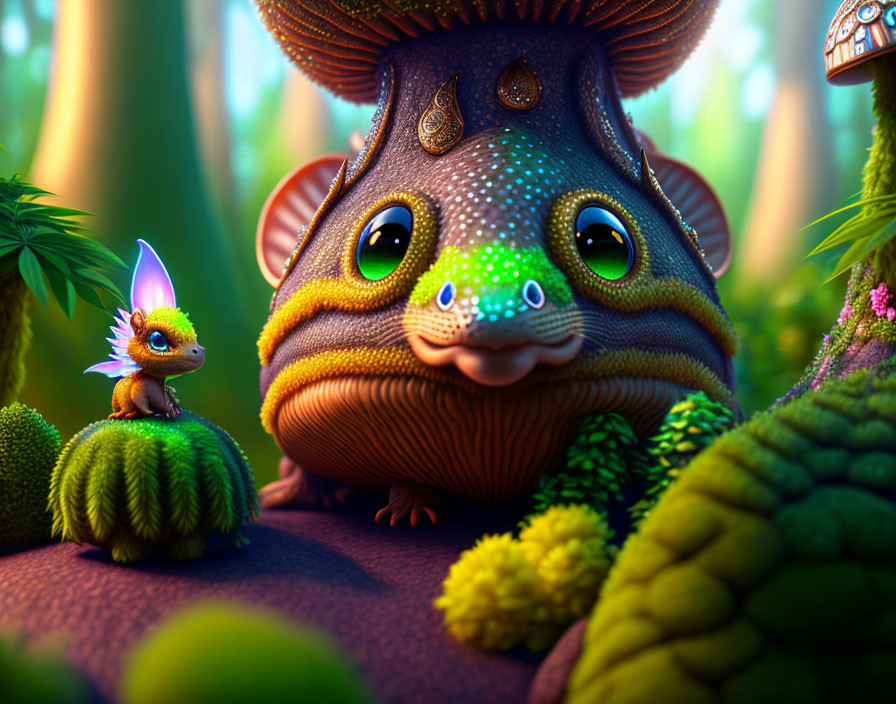 Colorful creature and fairy in lush forest scene.