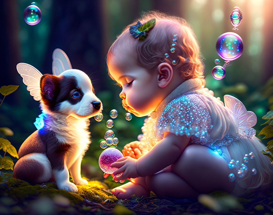 Beautiful fairy is blowing bubbles with a cute pu