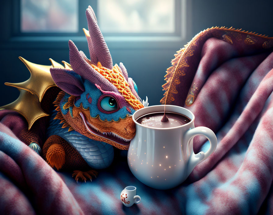 Sick dragon with blanket and hot chocolate