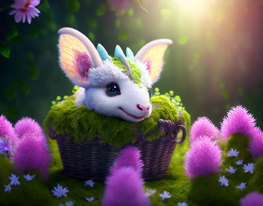 Fantasy creature with leafy ears and horn in wicker basket in vibrant, flower-filled landscape.