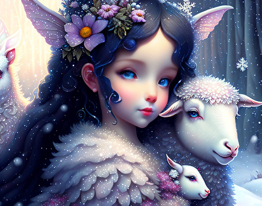 Fantasy illustration of girl with dark hair and blue eyes surrounded by flowers and sheep in snowy setting