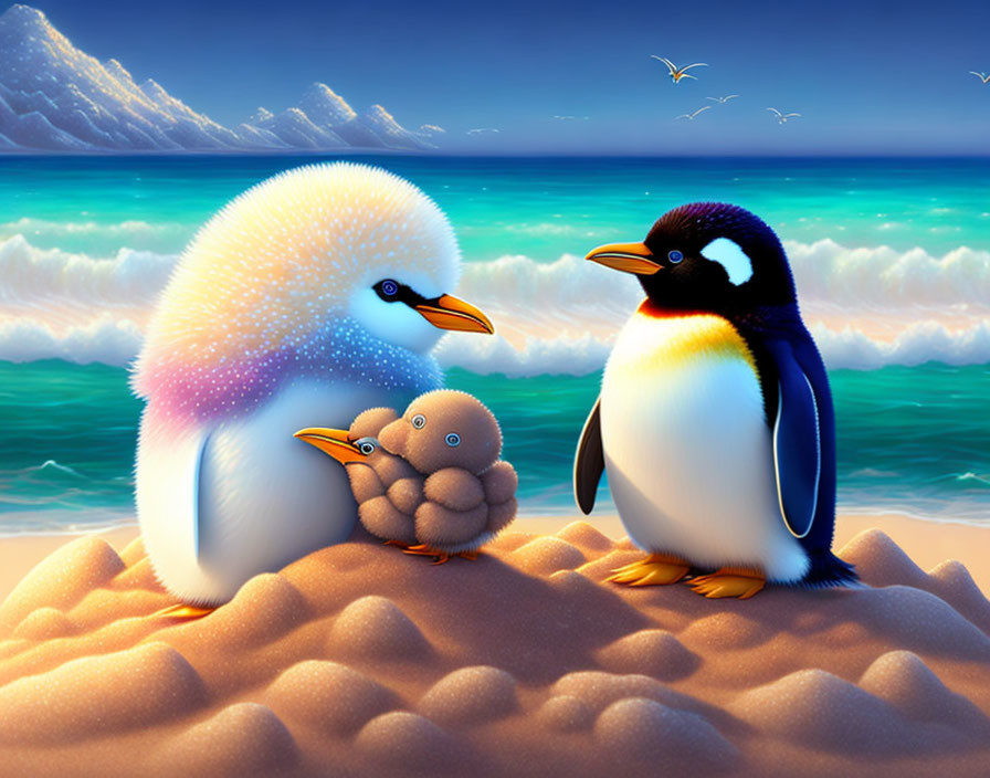 Animated penguins on sandy beach with ocean waves and twilight sky