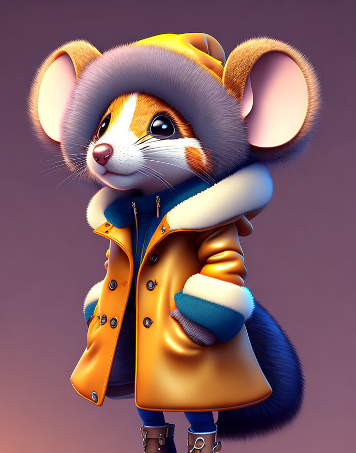 Anthropomorphic mouse in yellow coat and hat gazing upward