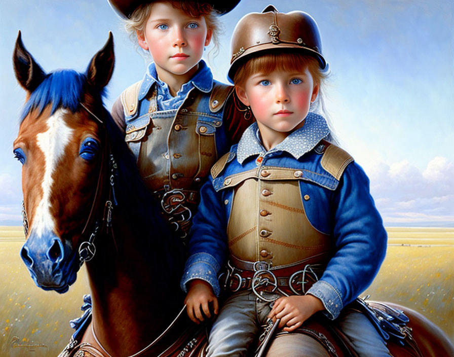 Vintage Western Attire Children with Horse on Prairie