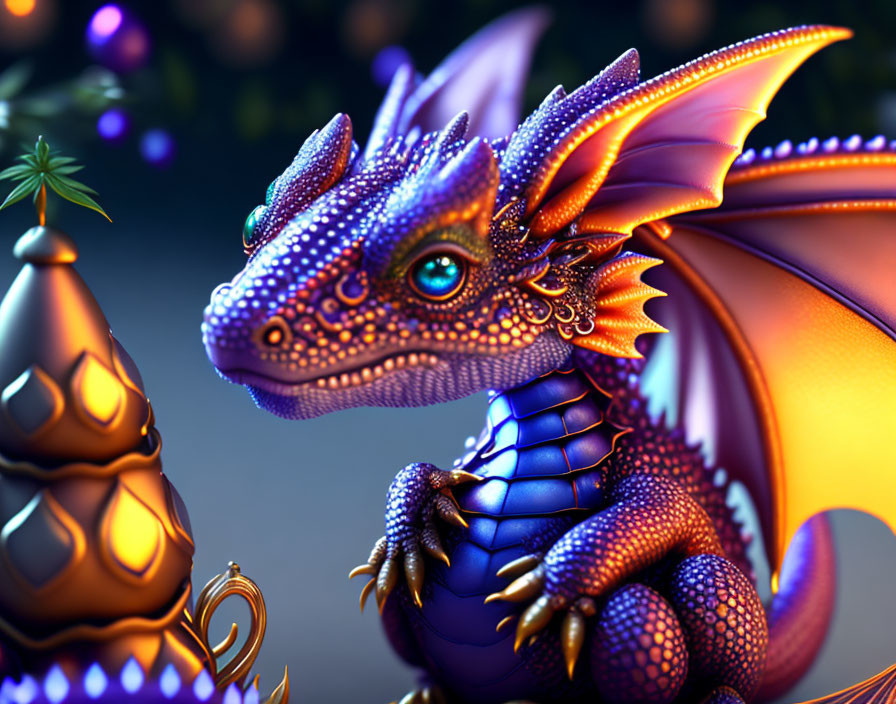 Vibrant digital artwork featuring blue and purple dragon with intricate scales by stylized pine tree