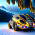 Futuristic ornate vehicle on snowy landscape with glowing elements