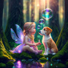 Young girl with fairy wings blows bubbles in enchanted forest with small dog amid glowing orbs