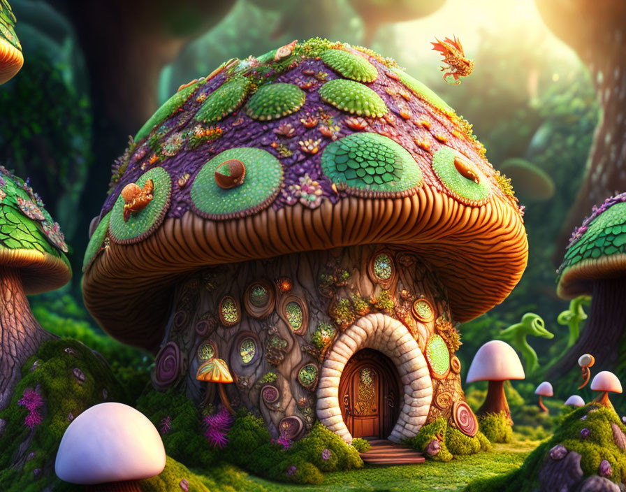 Vibrant fantasy mushroom house in lush forest with flying creature