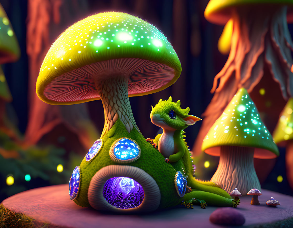 Glowing green dragon with bioluminescent mushroom in enchanted forest