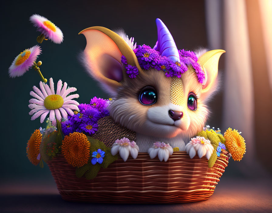 Fluffy, curious dragon in a basket
