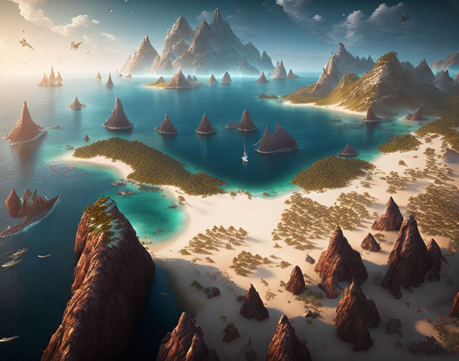 Tranquil fantasy seascape with rock formations, islands, sailboats, and birds