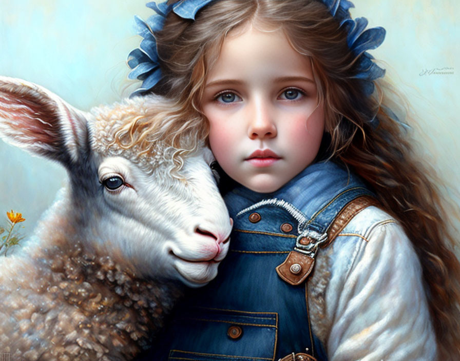 Young girl with lamb in soft pastel blue setting