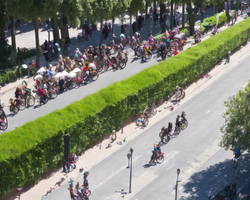 Colorful Cyclists Ride Through Busy Street with Green Trees
