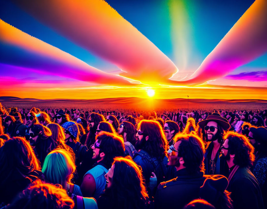Colorful Sunset with Exaggerated Rays Over Festival Crowd