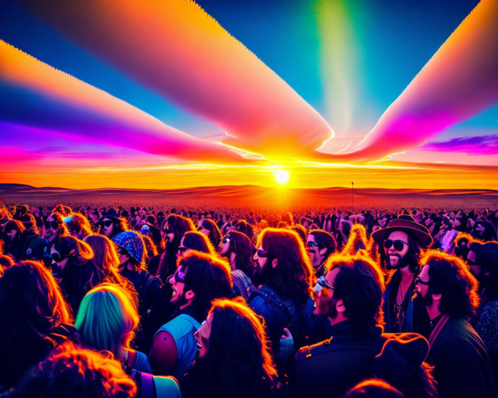 Colorful Sunset with Exaggerated Rays Over Festival Crowd