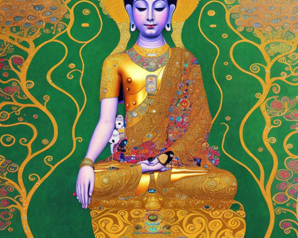 Seated meditating figure with blue skin and golden robe on green background