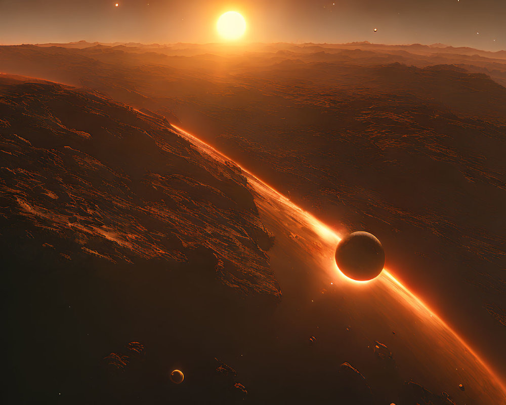 Vivid sci-fi landscape: sun setting over alien terrain with aligned planets and comet streak.