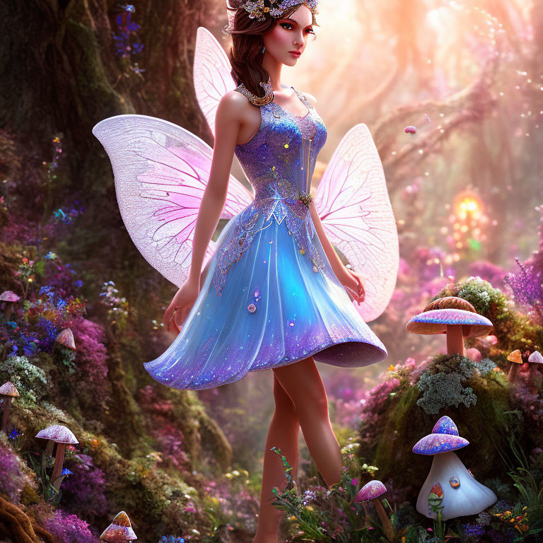 Digital artwork: Fairy with translucent wings and blue dress in magical forest.