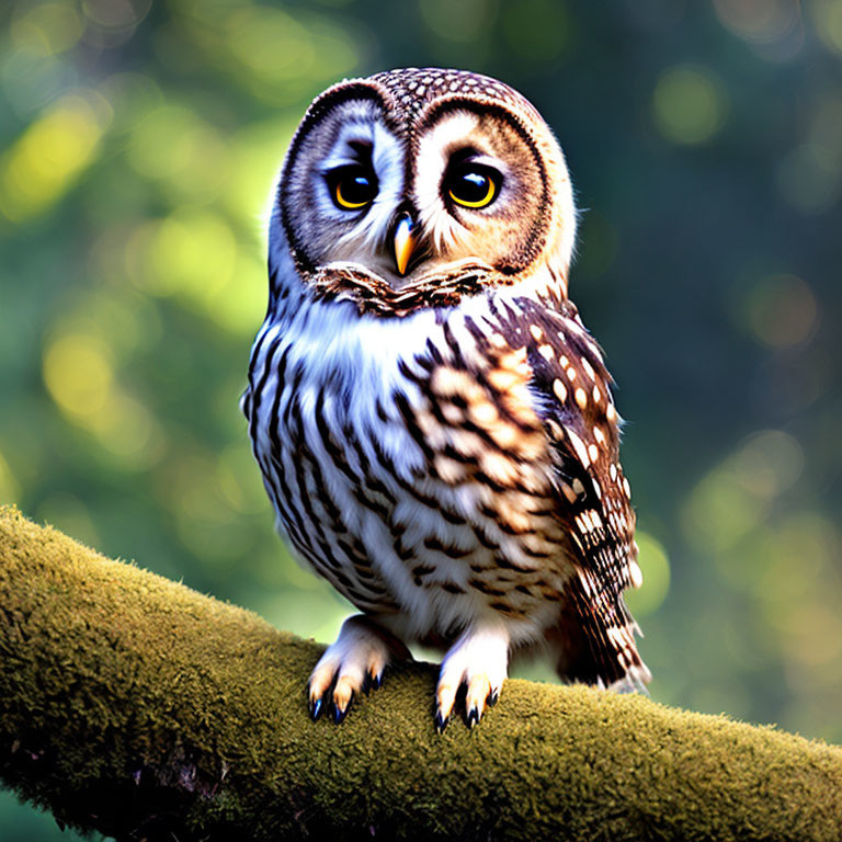 Detailed image of owl perched on mossy branch with intricate feather patterns and piercing eyes in bokeh