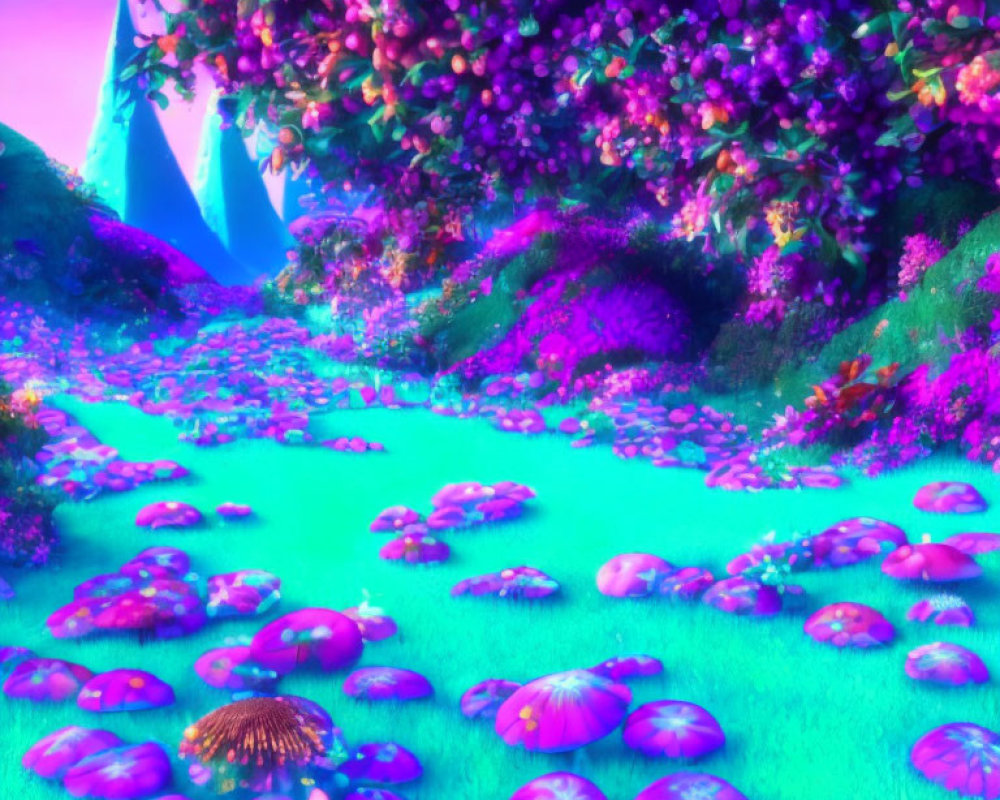 Colorful fantasy landscape with pink and purple flora, mushroom plants, and pastel mountains.