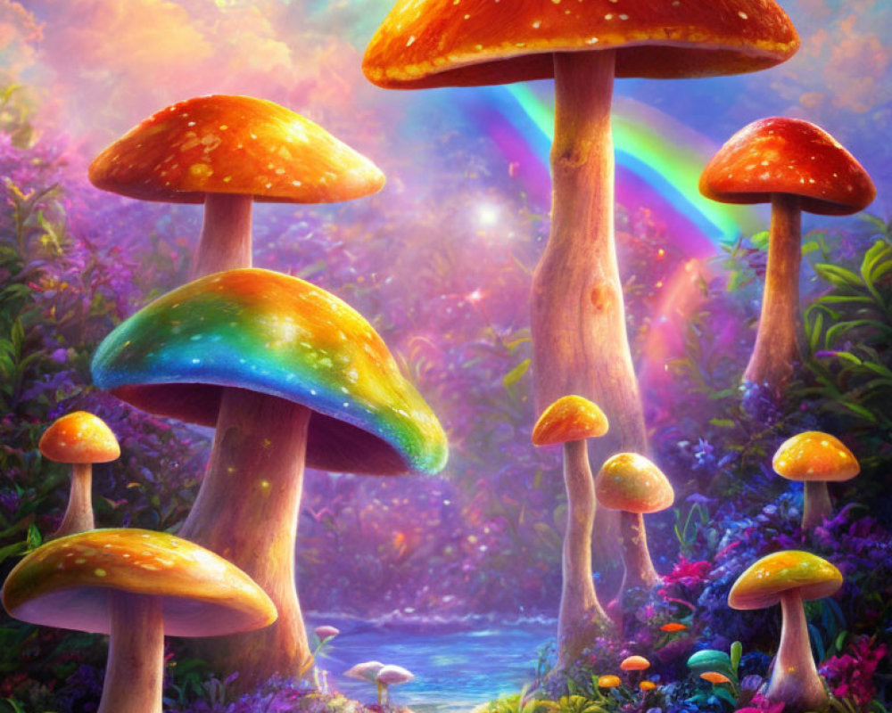 Colorful Mushroom Fantasy Landscape with River and Rainbow