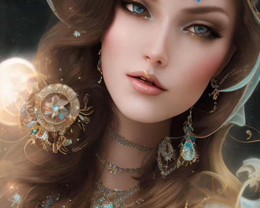 Elaborate fantasy portrait of woman with golden headpiece and jewelry
