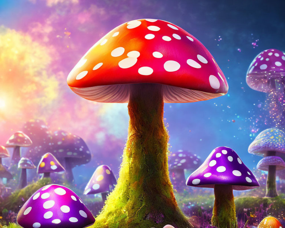 Colorful oversized mushrooms in vibrant fantasy landscape under purple sky