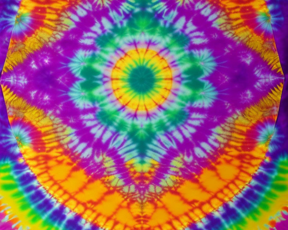 Colorful Psychedelic Tie-Dye Pattern with Central Burst in Yellow and Green