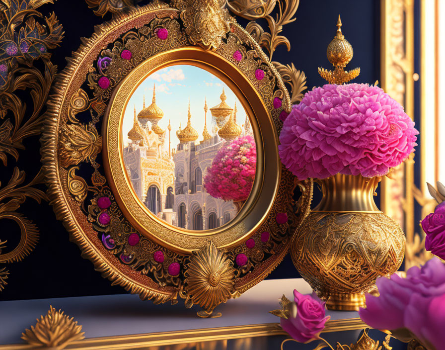 Golden Frame Mirror with Palace Reflection, Gold Vase, Pink Peonies on Blue Background