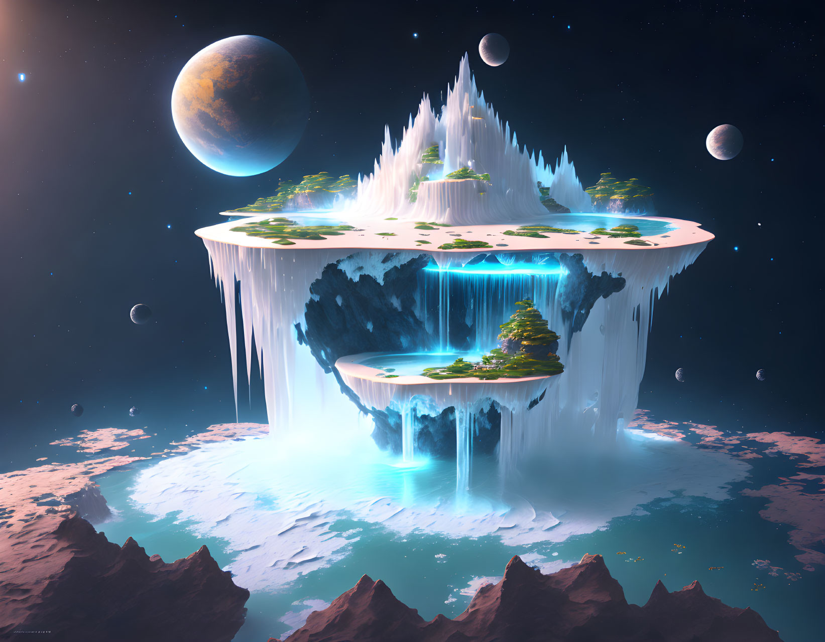 Fantastical floating island with waterfalls and trees against space backdrop