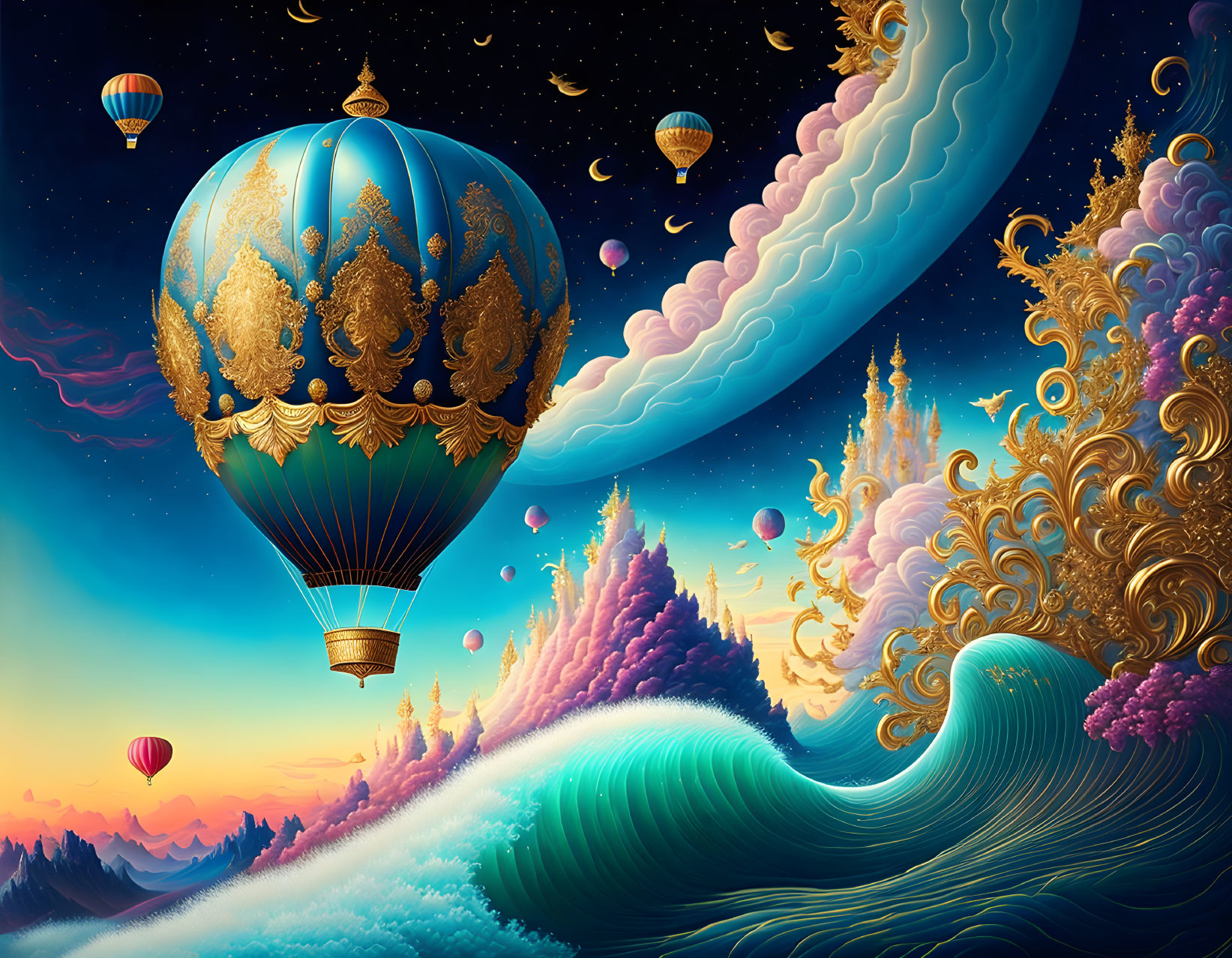 Fantastical hot air balloons over whimsical landscapes