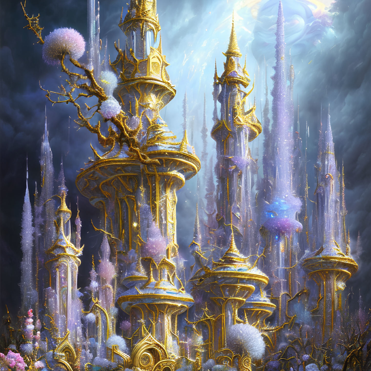 Ethereal fantasy landscape with glowing golden towers and magical surroundings
