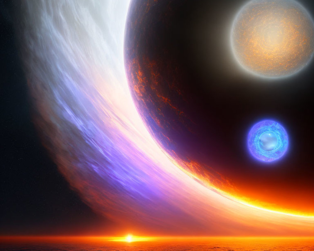 Vibrant cosmic scene with sun, galaxy, and fiery exoplanet surface