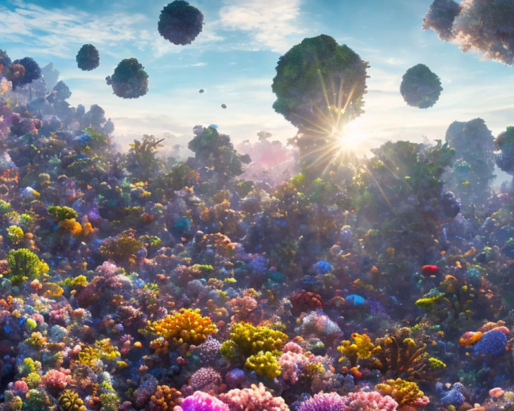Vibrant coral-like structures in fantastical landscape
