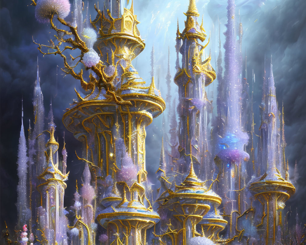 Ethereal fantasy landscape with glowing golden towers and magical surroundings