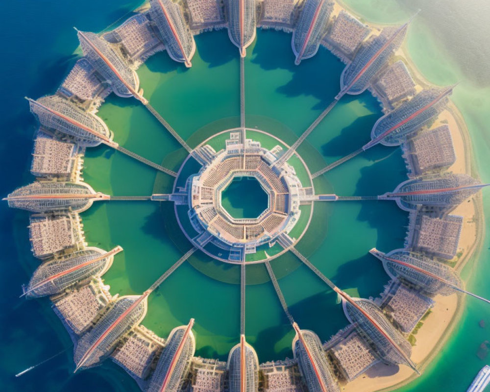 Symmetrical Palm-Shaped Artificial Island with Residential Buildings and Blue Waters